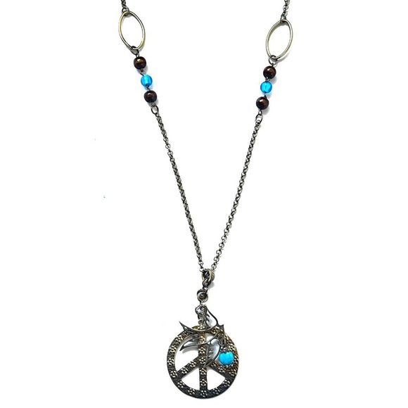 Long Chain Necklace with Peace Symbol-Dove - Picture 4 of 5